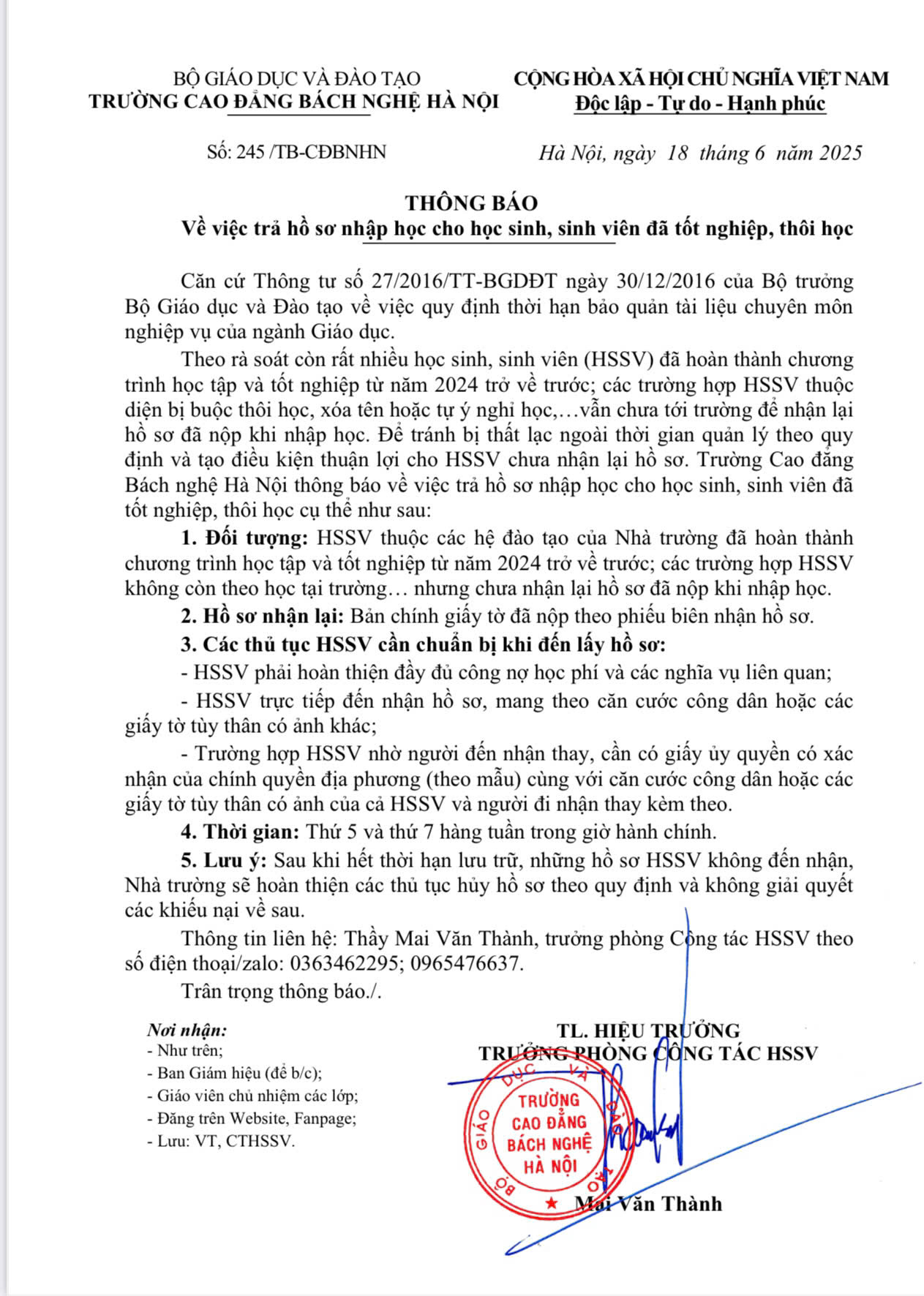 Thông Báo Trả Bằng