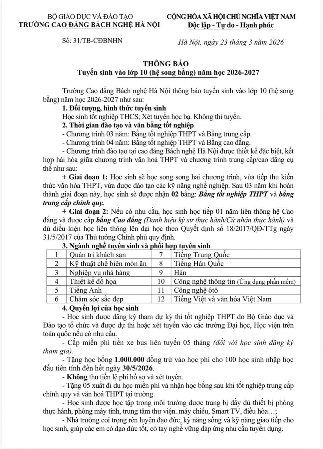 Thông báo tuyển sinh vào 10