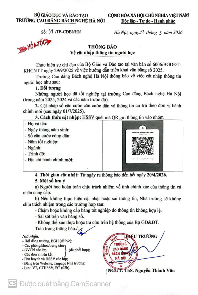 THÔNG BÁO CẬP NHẬT THÔNG TIN NGƯỜI HỌC