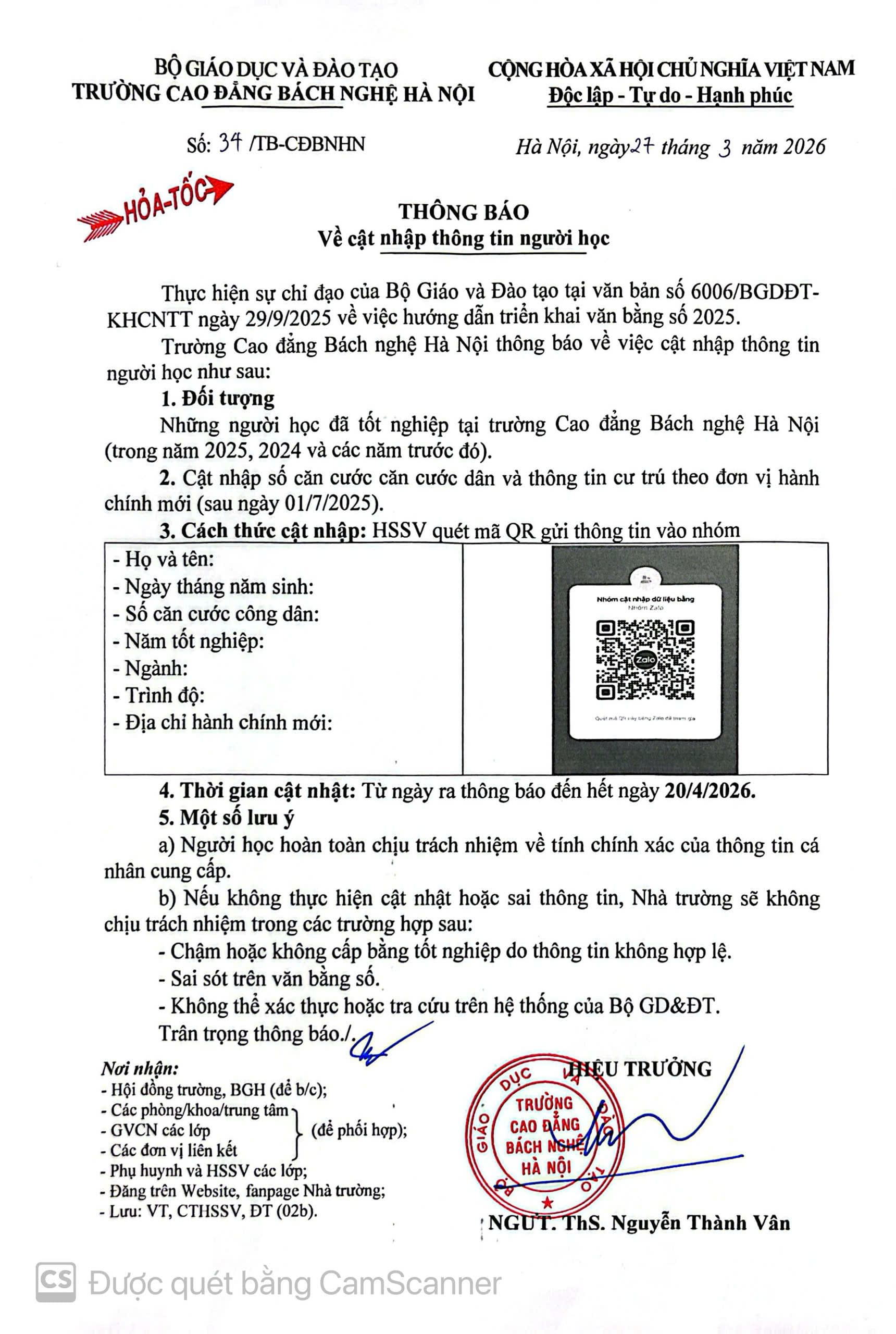 THÔNG BÁO CẬP NHẬT THÔNG TIN NGƯỜI HỌC