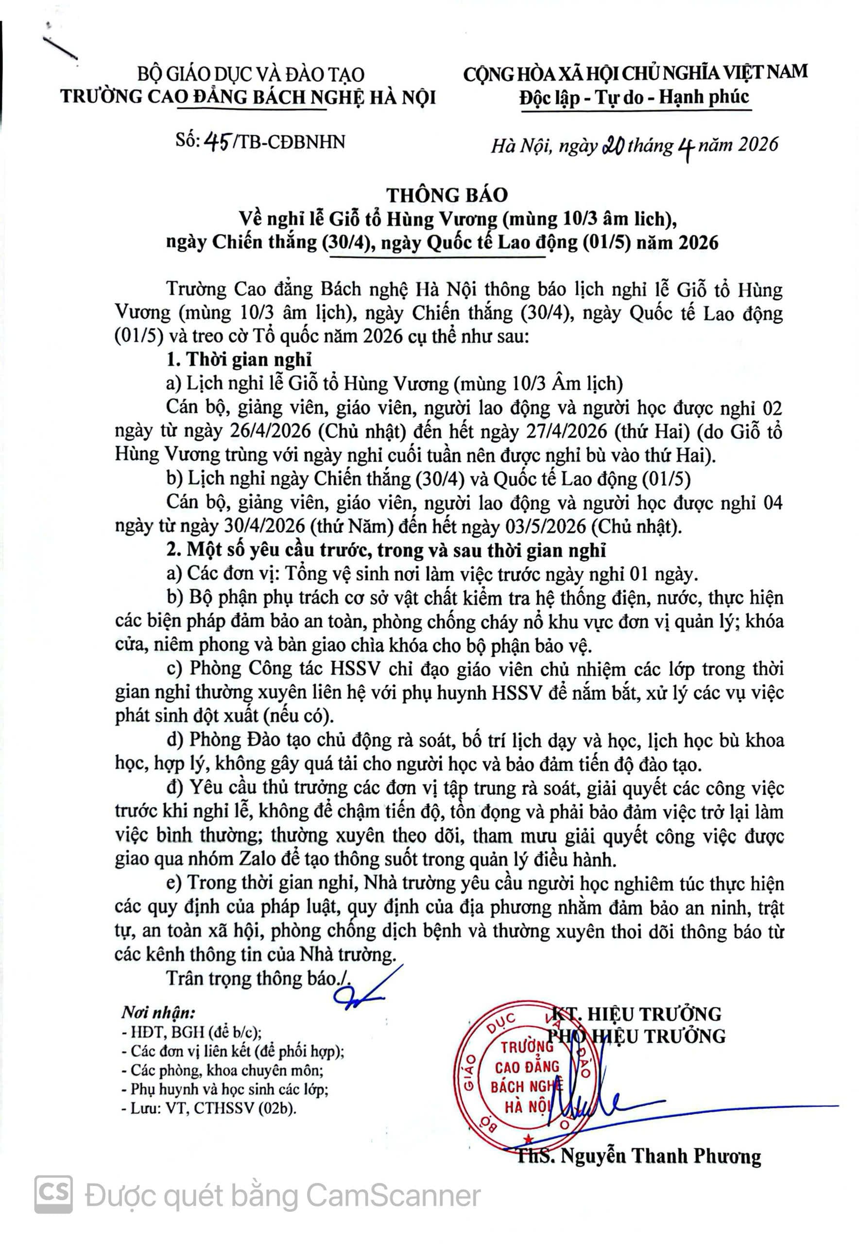 **THÔNG BÁO LỊCH NGHỈ LỄ GIỖ TỔ HÙNG VƯƠNG, 30/4 VÀ 01/5 NĂM 2026**
