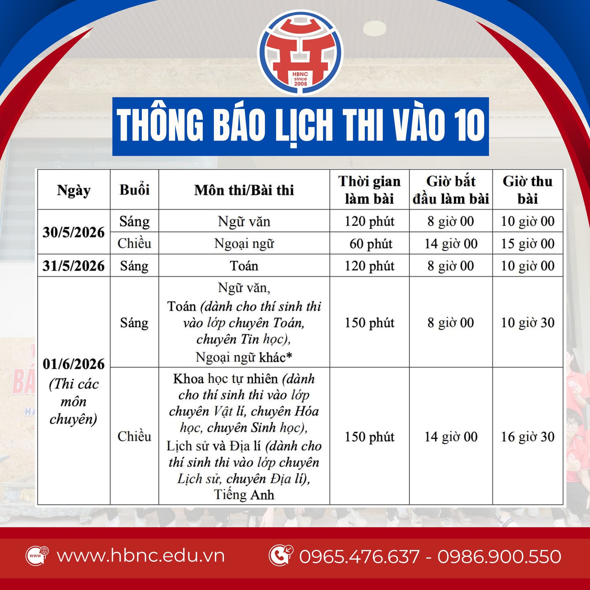 CHÍNH THỨC LỊCH THI VÀO LỚP 10 NĂM HỌC 2026 TẠI HÀ NỘI