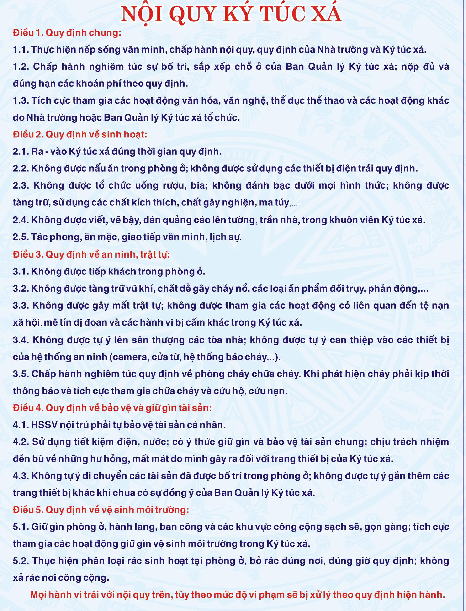 nội quy ký túc xá học sinh sinh viên hbnc