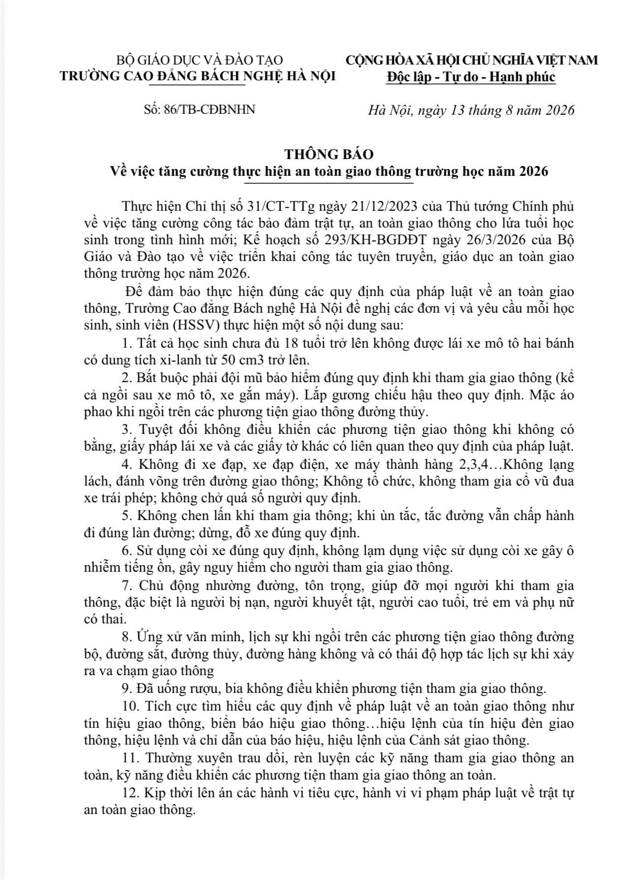 Thông Báo An Toàn Giao Thông Trường Học