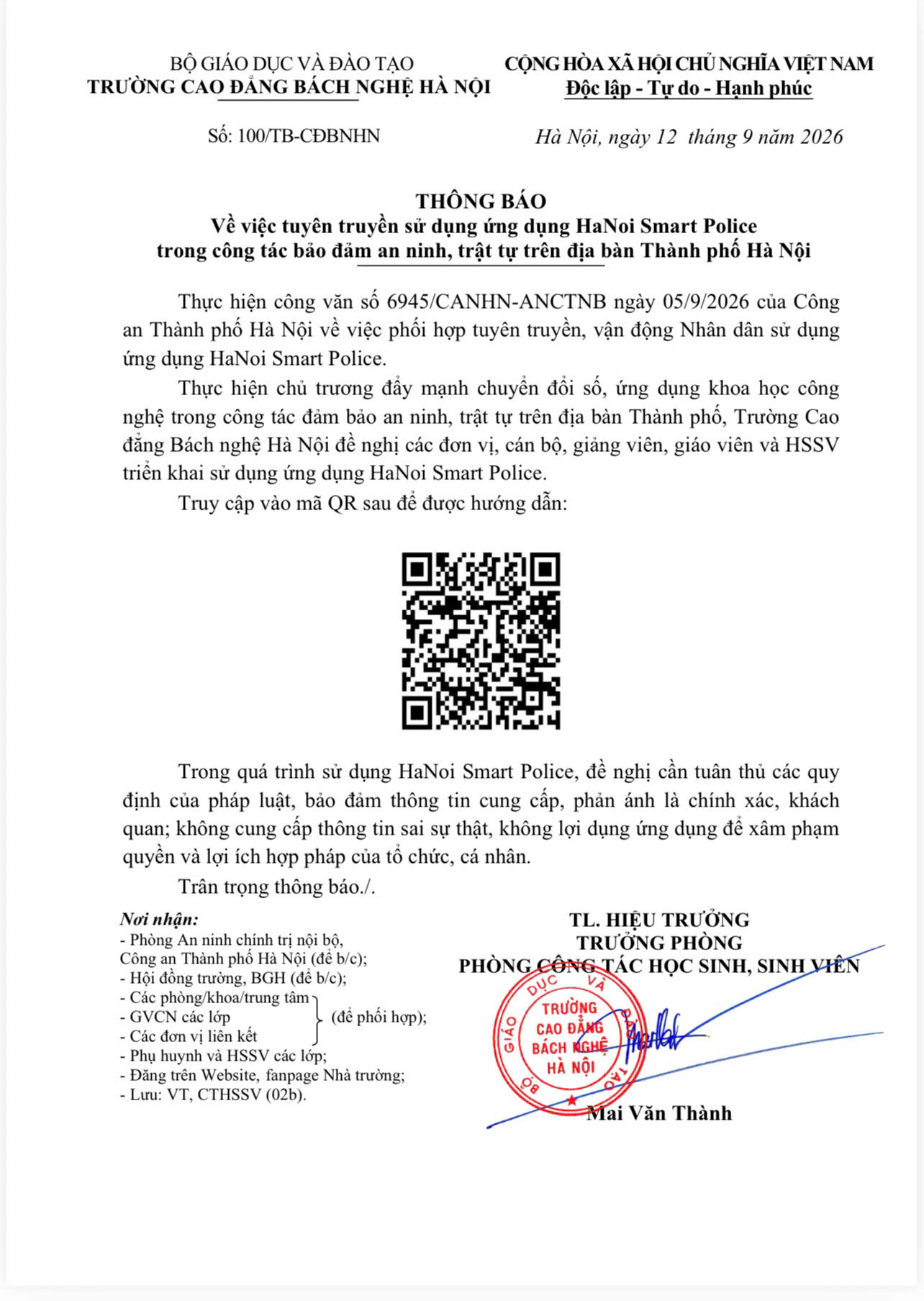 Thông Báo Sử Dụng ứng Dụng Hà Nội Smart Police
